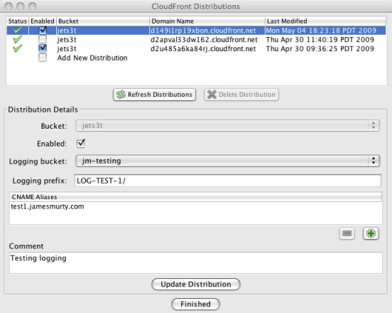 Picture of the CloudFront Distributions dialog