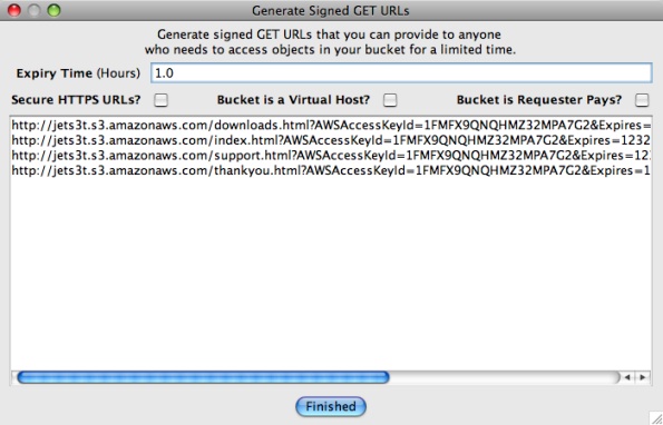Picture of the Signed GET URLs Dialog window